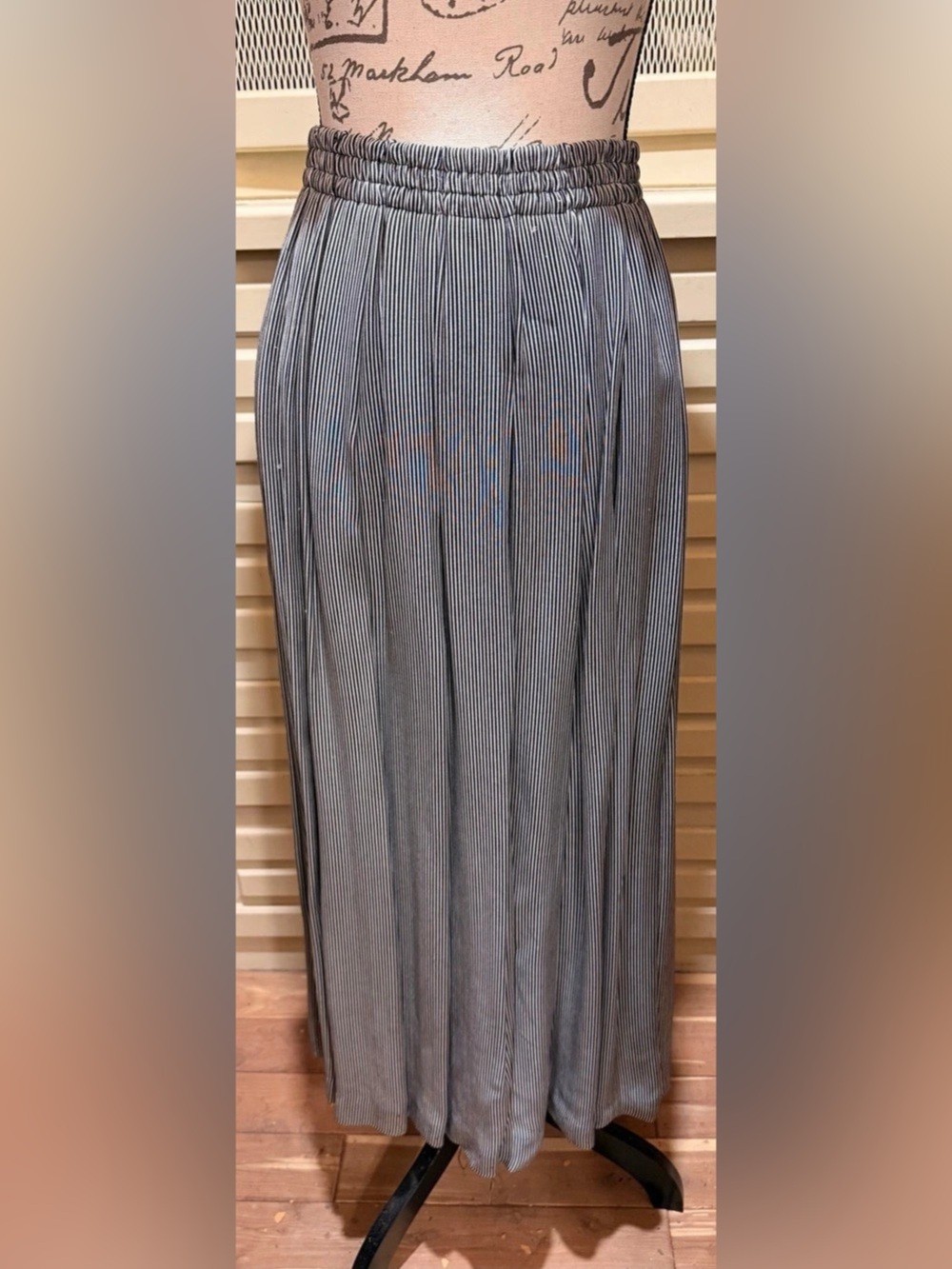 Vintage Anne Klein II Striped Pleated Maxi Skirt Medium Black White USA Rayon
